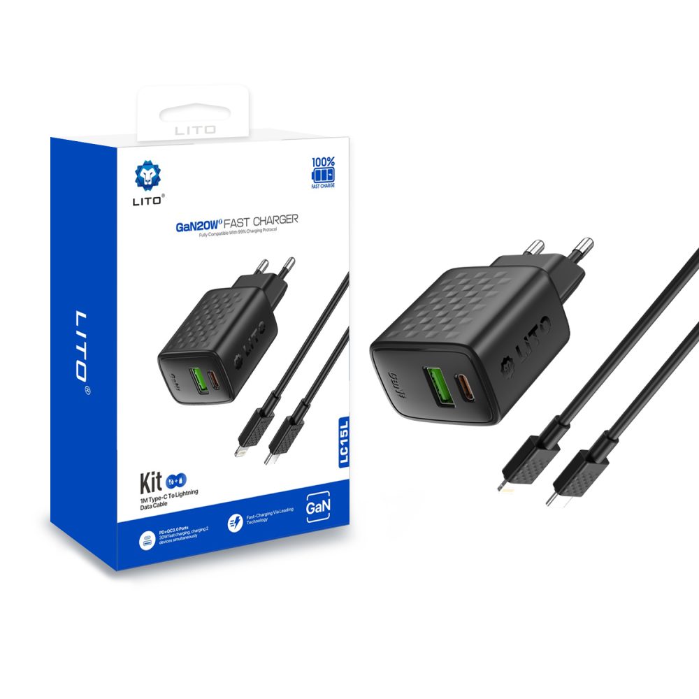 LITO LC15 GAN PD 20W EU Type C +USB A Hızlı Şarj Seti, Lightning